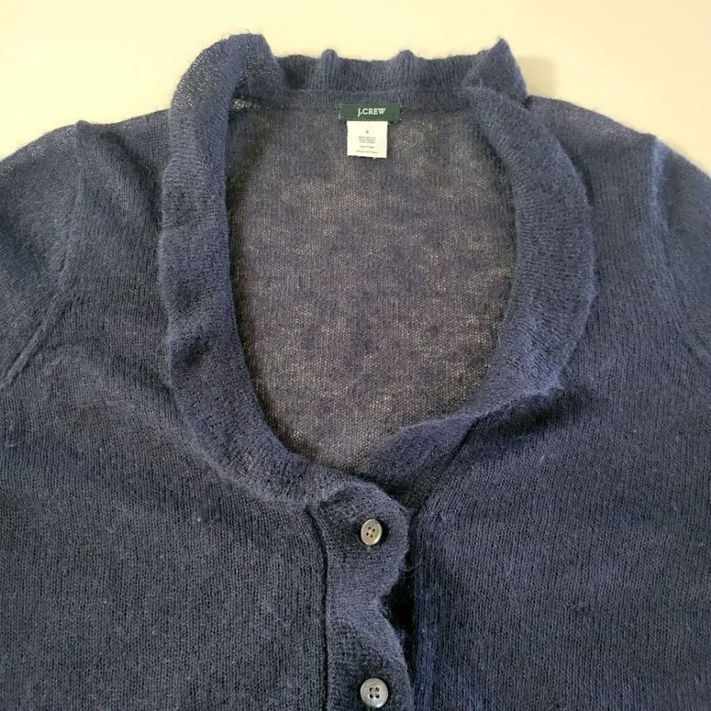 J. Crew Women's Navy Ruffle V-neck Mohair Long Sleeve Cardigan Sweater